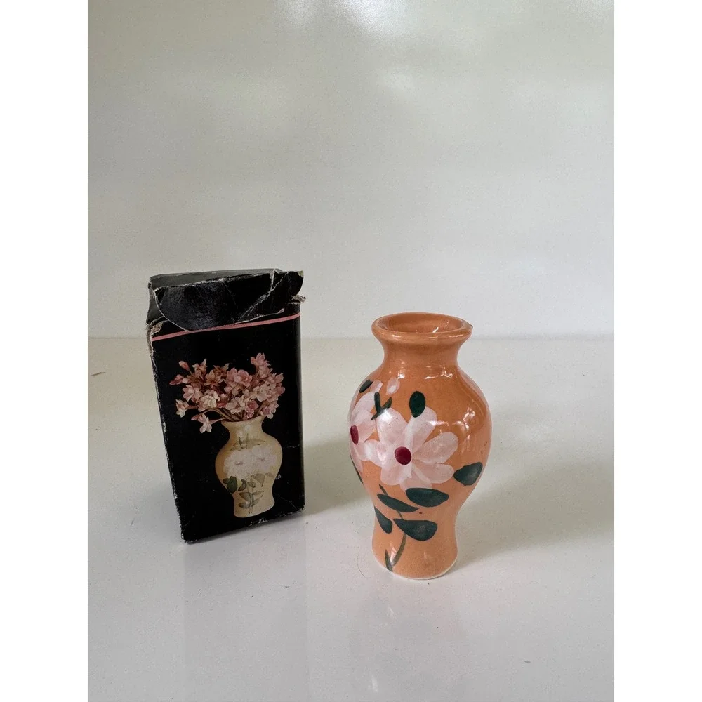 Vintage Miniature Ceramic Bud Vase Peach Floral Hand Painted Made in Taiwan Box